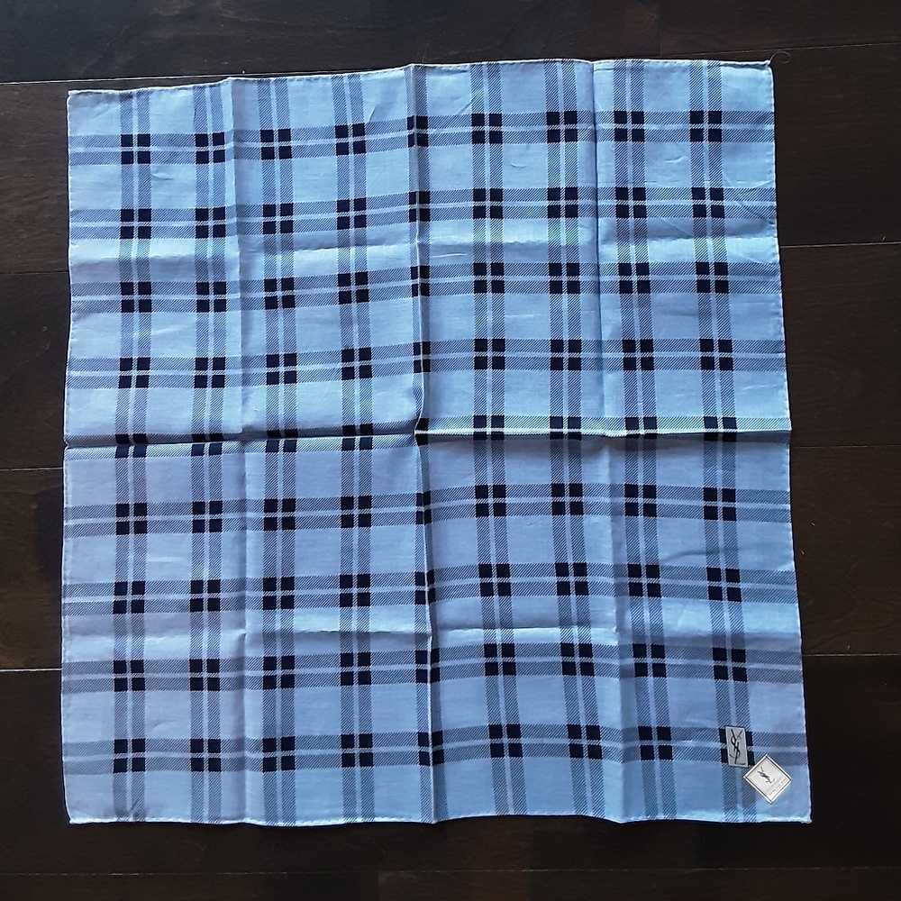 Yves Saint Laurent Light Blue and Black Plaid Handkerchief Scarf